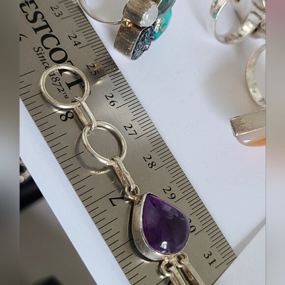 Vintage Boho Purple Amethyst Gemstone Chunky Sterling Silver Chain Bracelet - Picture 8 of 9